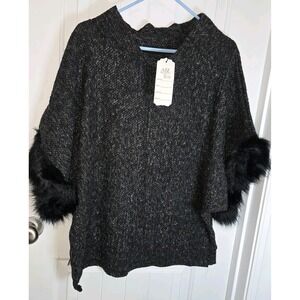 AZZ Trading Inc Poncho Womens OS Gray Black Faux Fur Trim Mock Neck Viscose NEW